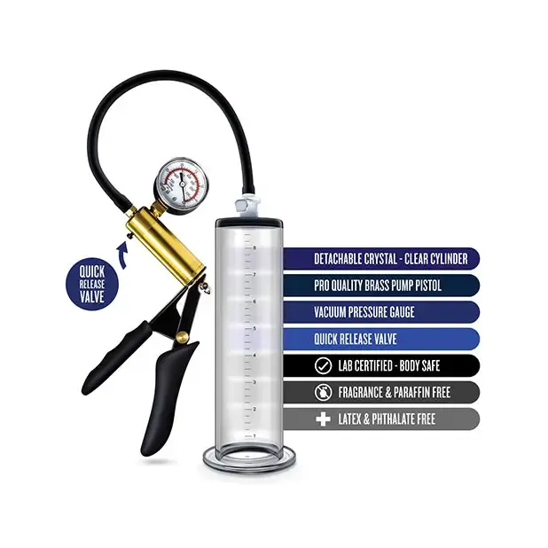 Blush Male Sex Toys Blush Performance VX6 Vacuum Penis Pump with Brass Pistol Pressure Gauge Clear